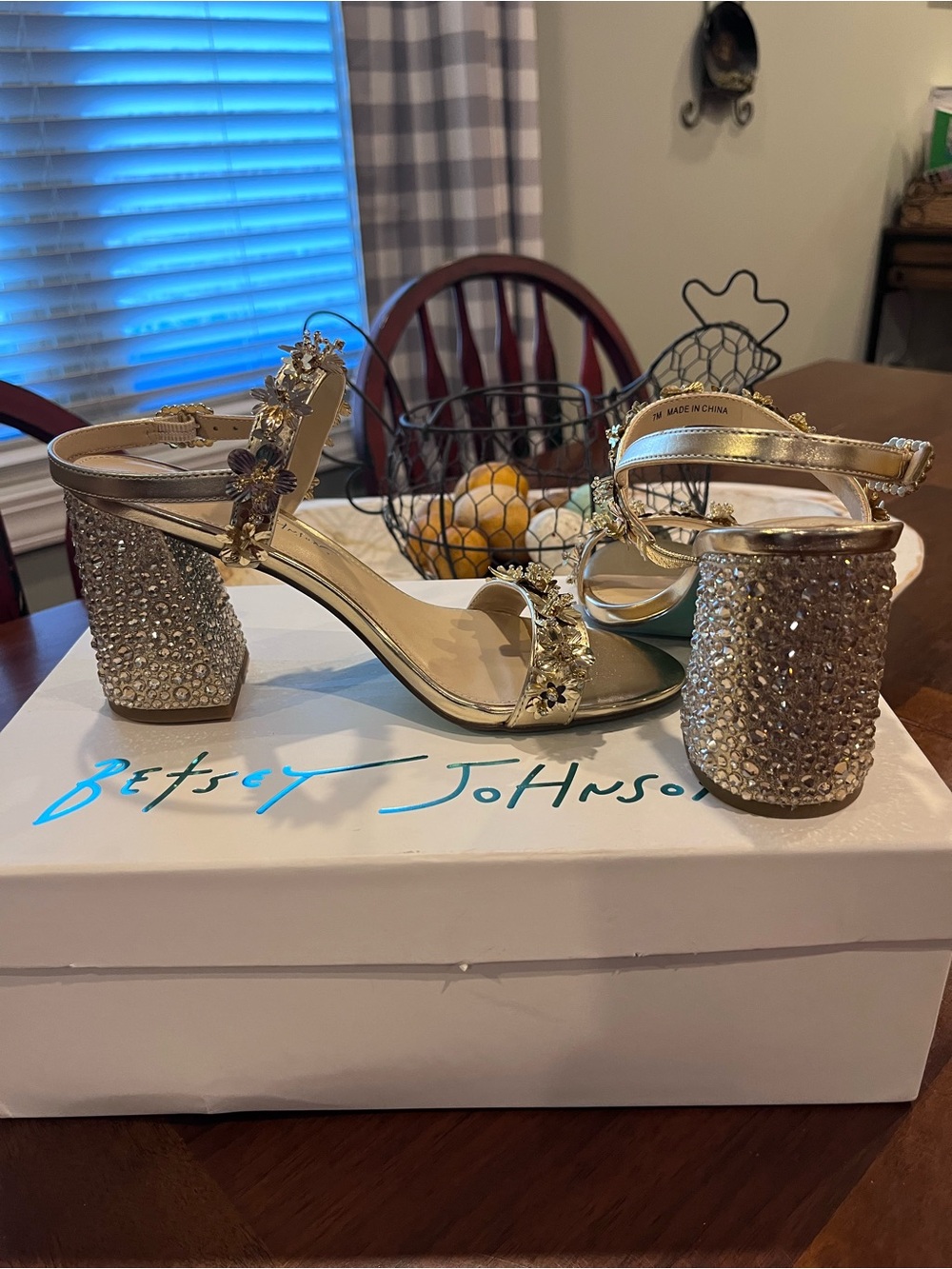 Betsey Johnson Gold Crystal Block Heel Sandals with Floral Accent 7